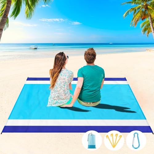 Beach Blanket Waterproof Sandproof 1-7 Adult Oversized 78 '' × 110 '' Lightweight Durable Compact Sand Free Extra Large Beach Mat for Travel Camping Hiking Picnic Blanket - color: Bluewhite, size: 78“x110”