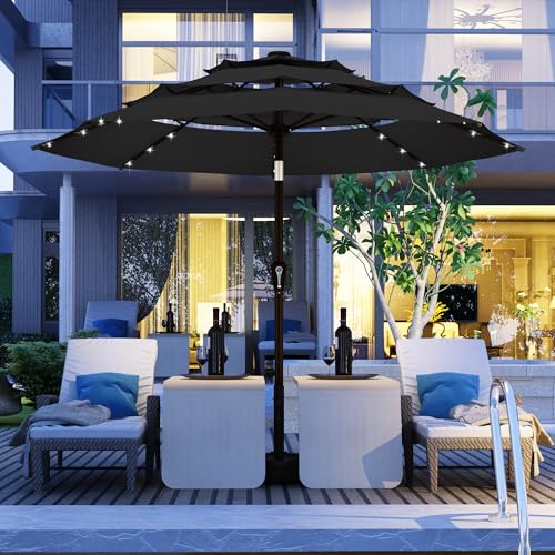 Kingdura 9ft 3-Tier Patio Umbrella with Solar Lights, Table Umbrella Outdoor Patio with Easy Crank & Tilt, 8 Sturdy Ribs, UV Protection, 32 LED Lights for Deck, Poolside, Market (Black) - color: Black-LED, size: 9 FT