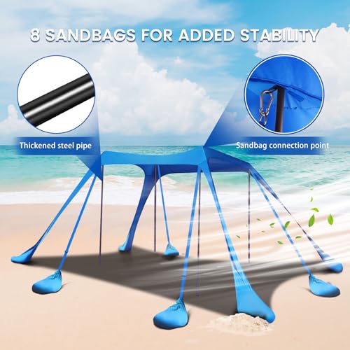 besuhot Beach Tent Sun Shelter 10x10FT Beach Shade Canopy with 8 Sandbags, UPF 50+ Protection Beach Shade Canopy, Outdoor Tent for Beach Camping Trips, Fishing, Backyard（Light Blue） - color: Light blue
