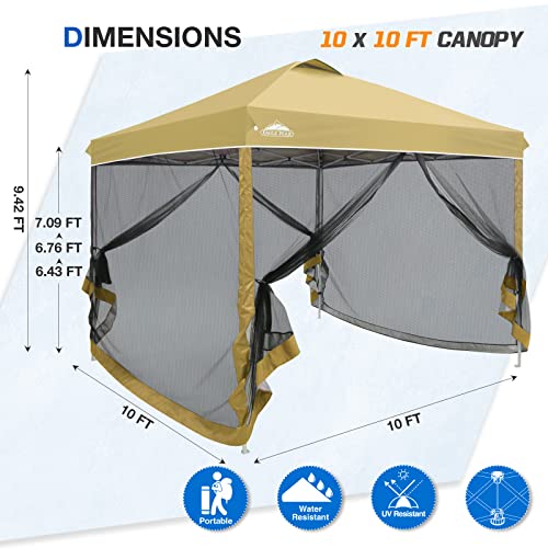 EAGLE PEAK 10x10 Outdoor Easy Pop up Canopy with Netting, Instant Screen Party Tent with Mesh Side Walls, Beige - color: Beige