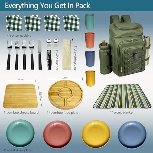 Hap Tim Picnic Basket Backpack for 4 Person with Blanket, Insulated Leakproof Cooler Compartment, Wine Holder, Cutlery Set, Engagement Gifts for Couples, White Elephant Gift Ideas, Green (36221-GR) - color: Green