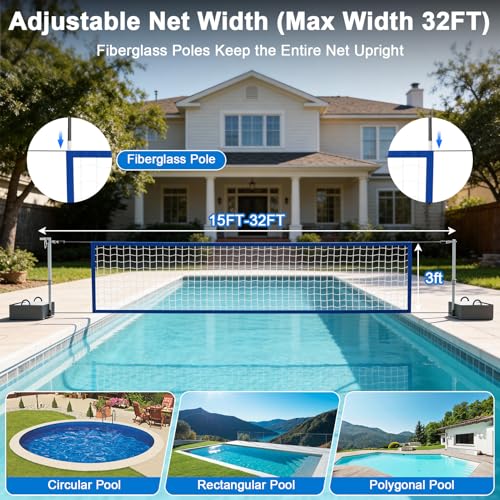 Pool Volleyball Net Set with High Brightness LED Solar Powered Lights, 15ft-32ft Adjustable Portable Volleyball Net with 40L Weighted Base for Inground Pools, 2 Ball & Pump for Family Fun, Party Games