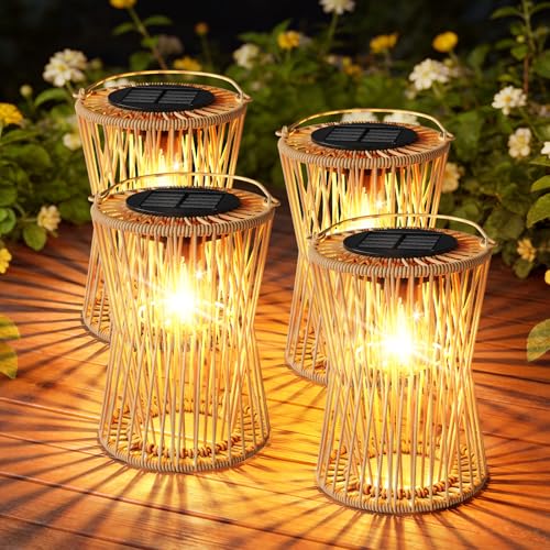 Solar Lanterns Outdoor Waterproof 4 Pack, Upgraded Rattan Hanging Solar Lights for Outside with Handle, Bright Auto On/Off Decorative Outdoor Lanterns for Patio Garden Yard Porch, Gifts for Mom - size: 4 Pack