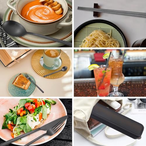 AARAINBOW 6 Pieces Stainless Steel Flatware Set Portable Reusable Cutlery Set Travel Utensils Set Including Chopsticks Knife Fork Spoon Straws Cleaning Brush Dishwasher Safe (B-Black) - color: B-Black