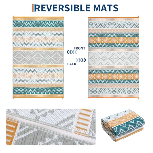 Boho 8x10 Waterproof Outdoor Rug, Reversible Plastic Straw Mat, Tribal Geometric Washable RV Camping Carpet, Foldable UV Resistant Deck Rug for Picnic Backyard Balcony Porch Patio, Yellow - color: Yellow/Green/Gray/White, size: 8' x 10' (Rectangular)