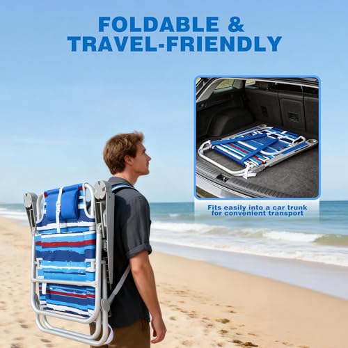 SUNNYFEEL Extra Wide Low Beach Chair 5 Position Lay Flat 500 LBS Heavy Duty, XL Oversized Portable Folding Camping Chairs with Cup Holder for Outdoor/Trip, Lightweight Backpack Beach Chair for Adults - color: Darkblue Stripe, size: 1-PACK