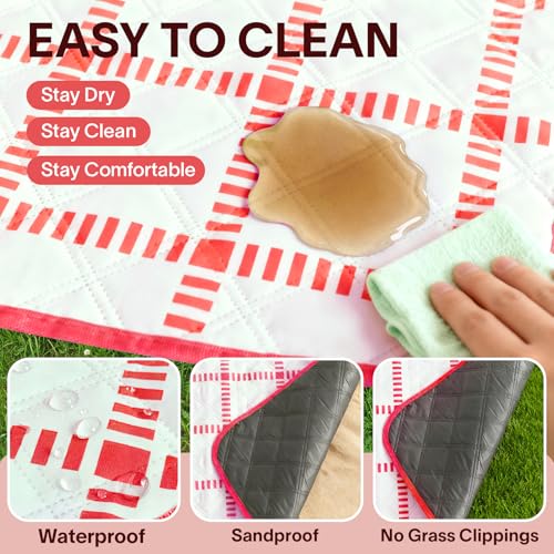 Alvantor® Extra Large Picnic Blanket, 80"x80" Waterproof Outdoor Blanket, Foldable Camping Blanket with Hook & Loop Straps, Portable for Beach, Park, Travel, Sandproof, Soft & Durable,Red - color: Red and White