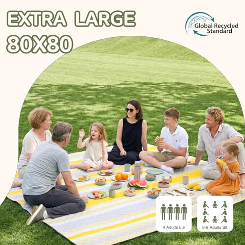 Genovega Waterproof Beach Blanket Picnic Outdoor Mat Rug Extra Large Portable Umbrella Wagon Folding Pop Tent Sun Shelter Shade Canopy Ball Cart Cool Cabana Anchor Fan Mesh Bag Tote Toallas Manta - color: Lemon Yellow Stripe