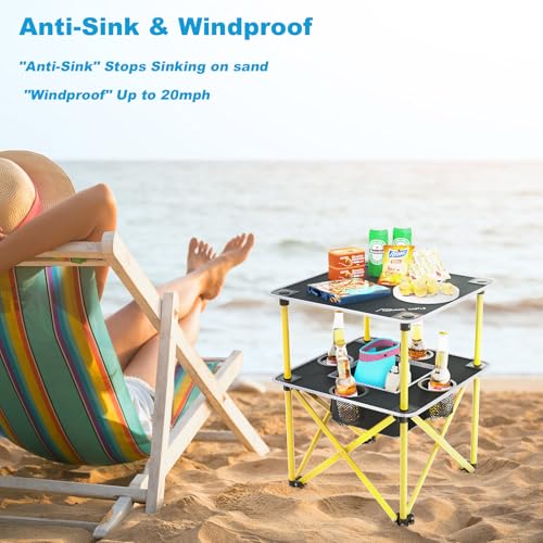 Folding Camping Table with 4 Cup Holders, Lightweight Portable Beach Outdoor Picnic Table, Square Camp Table with Built-in Food Basket Travel Bag for BBQ, Camping, Tailgate - color: Black