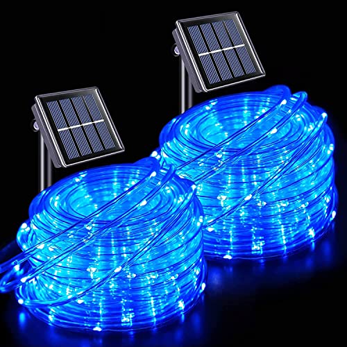 JMEXSUSS 2 * 200 LED Blue Solar Rope Lights, 66ft IP 65 Waterproof Solar String Light Outdoor, 8 Modes Christmas Lights for Camp Trampoline Ladder Slide Tent - color: Blue, size: 2*200 LED