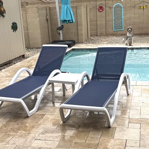 PURPLE LEAF Patio Chaise Lounge Chair Set of 3 Outside Aluminum Plastic Stackable Tanning Chairs with Armrests and Side Table for Pool Sunbathing Beach Deck Outdoor Lounger, Navy Blue - color: Navy Blue, style: 2 chairs(w/Arms) + 1 table