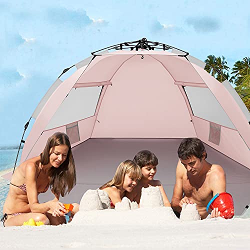 Oileus X-Large 4 Person Beach Tent Sun Shelter - Portable Sun Shade Instant Tent for Beach with Carrying Bag, Stakes, 6 Sand Pockets, Anti UV for Fishing Hiking Camping, Waterproof Windproof, Pink - color: Pink