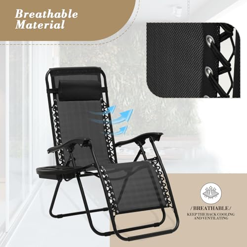 Athena Collection Zero Gravity Outdoor Lounge Chair Set of 2 with Side Table, 25" Width Pool Lounge Lawn Chairs Reclining with Cup Holder, Outdoor Chaise for Beach Patio Backyard Outside, Black - color: Black, style: 25" Width