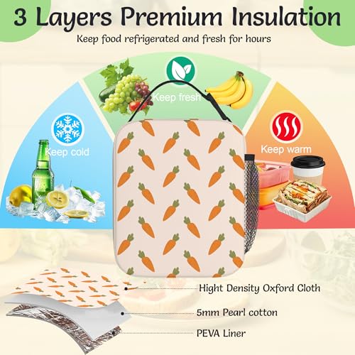 Carrot Print Lunch Bag for Kids,Easter Vegetable Insulated Lunch Box for Women, Large Capacity with Mutiple Pockets Gilrs Boys School Thermal Bag for Work,Picnic,Hiking - color: Carrot Print