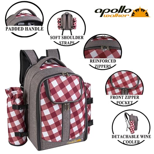 apollo walker Picnic Backpack Bag with Cooler Compartment, Detachable Bottle/Wine Holder, Fleece Blanket, Plates and Cutlery Set (2 Person, Gray) - color: Gray, size: 2 Person