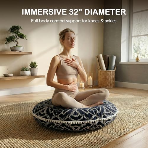 Codi Meditation Cushion for Adults - 32" Large Floor Pillow with Supportive Shredded Memory Foam - Round Zabuton with Washable Cover, Bohemian Mandala Seating for Yoga and Mindfulness, Black - color: Black, size: 1 Count (Pack of 1)