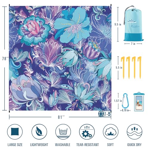 Famstar Beach Blanket Sandproof Waterproof 78''×81''1-5Adults Oversized,Compact Lightweight Durable Beach Mat for Travel Camping Hiking Picnic Blanket - color: Flower, size: 78''×81''