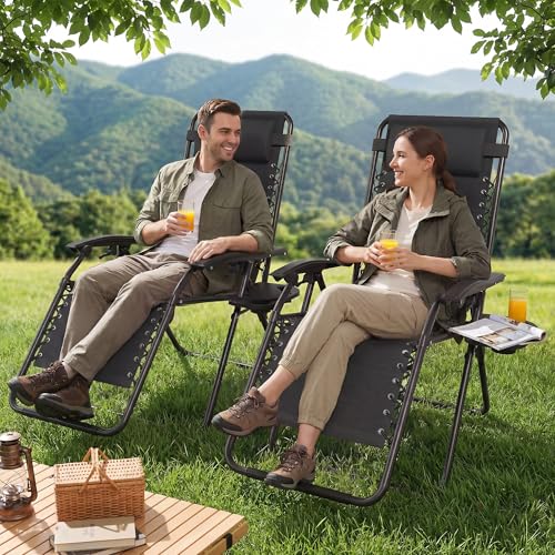 Set of 2 Adjustable Zero Gravity Lounge Chairs Outdoor Recliner w/Cup Holder Tray & Removable Pillows, Ergonomic Reclining Chair for Camping Patio Lawn Balcony (Black) - color: Black