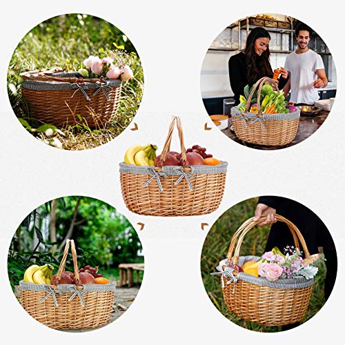 Waterproof Picnic Blanket Portable with Carry Strap for Beach Mat or Family Outdoor Camping Party Woodchip Picnic Basket with Double Folding Handles, Natural Woven Basket, Gift Packing Woven Basket