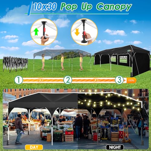 COBIZI 10x30 Pop Up Canopy Tent for Parties with 5 Sidewalls| Push Center Lock & Air Vent| Waterproof & UPF50+ |Gazebo Outdoor Tent for Party,Wedding,BBQ with 4 Sandbags, 8 Stakes & 16 Ropes,Black - color: Black, size: 10x30ft With 5 Sidewalls