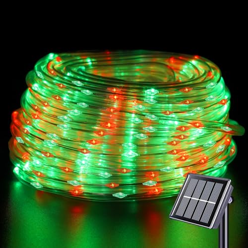 YEGUO Solar Rope Lights Outdoor Waterproof, 66ft 200 LED Red and Green String Lights, 8 Modes Fairy Lights in Clear Thin Tube - color: Red and Green