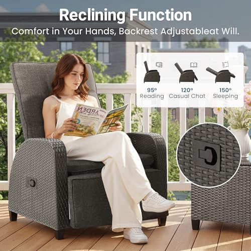 Green4ever Outdoor Patio Recliner with Adjustable Backrest and Footrest, All-Weather Wicker Patio Chair with Side Table, 160° Lay Flat Patio Reclining Lounge Chair for Garden Backyard, Grey - color: Grey, size: 2 Pieces