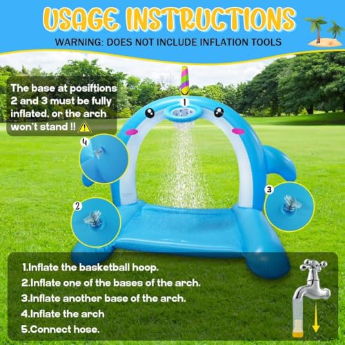 8.7FT Inflatable Whale Sprinkler Water Toys with Basketball Hoop Arch, 3-in-1 Large Splash Pad for Kids & Dogs, 16 LED Lights, Thickened Mat Toys for Outdoor Backyard & Garden Summer Fun - size: 105"