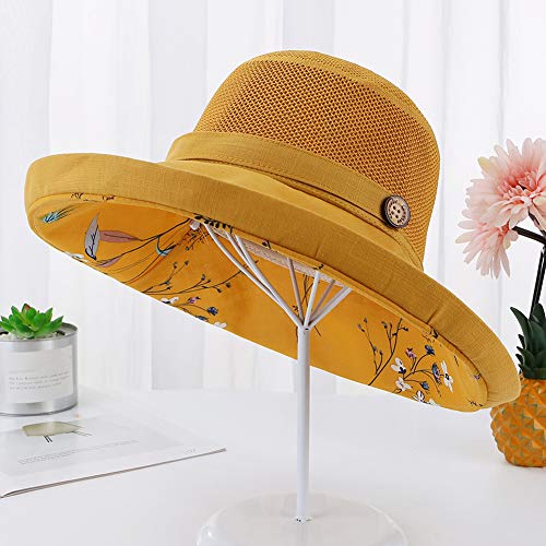 Women Mesh Sun Hats Summer Beach UV Protection UPF Packable Wide Brim Chin Strap - color: Yellow