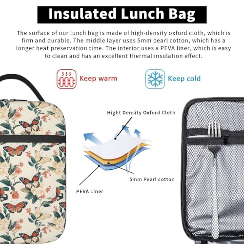 Butterfly Lunch Box Insulated Lunch Bag for kids Girls Boys Women,Reusable Lunch Box Containers for Women Men,Durable Cooler Tote Bag Lunchbox for Office/School/Picnic - color: Butterfly02