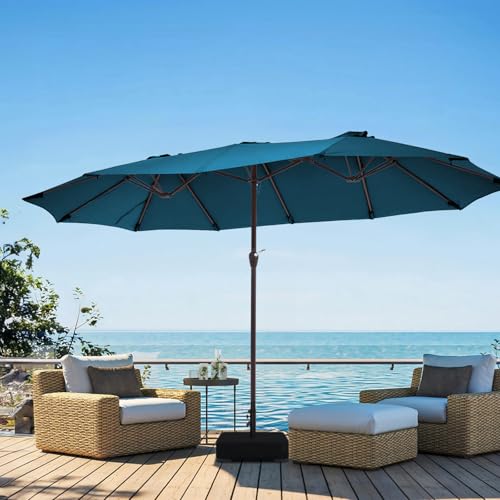 JEAREY 15ft Large Patio Umbrella with Base, Outdoor Rectangle Umbrella Double-Sided Market Umbrella with Stand for Pool, Deck, Backyard and Garden, Lake Blue - color: Lake Blue
