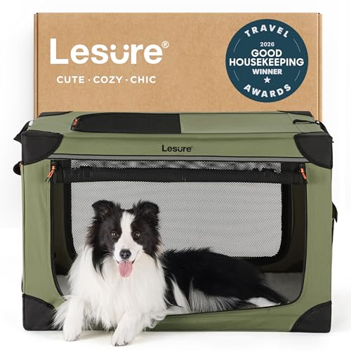 Lesure Shown on TODAY Show Soft Collapsible Dog Crate - 36 Inch Portable Travel Crate for Large Dogs Indoor & Outdoor, 4-Door Foldable Pet Kennel with Mesh Windows, Green - color: Green, size: L - 36"