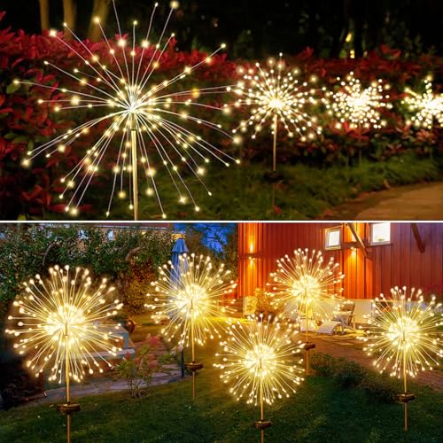 JJGoo Outdoor Solar Lights Firework, 2 Pack 120 LEDs Waterproof Solar Lights for Outside Garden Yard Pathway Fence - Warm White - color: Warm White, size: 2 Pack 120 LEDs