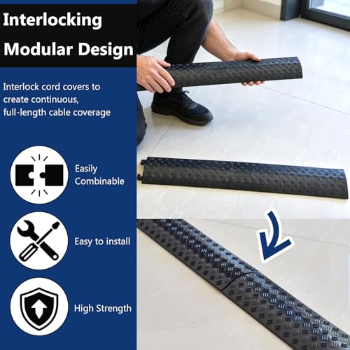 BESEA Heavy Duty Cord Cover 2 Pack 40 Inch Cable Protector Ramp 15000 lbs, Outdoor Floor Wire Cover with 4" Wide Channel, Modular Interlocking Anti Trip Cable Ramp for Driveway Sidewalk Garage(Black) - color: Black, size: Middle
