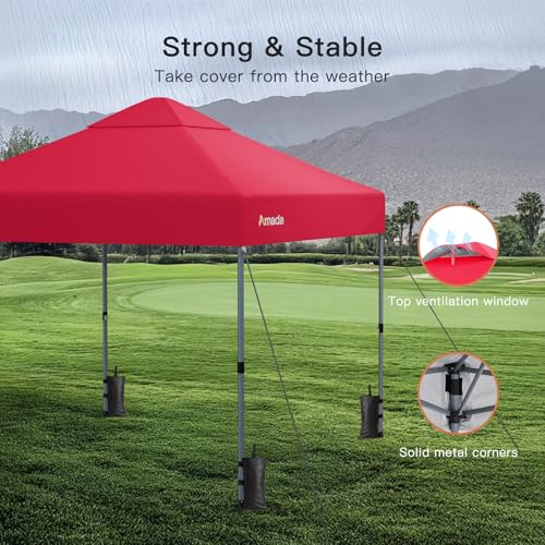 Amada 10x10 Pop Up Canopy Tent, 1-Button Push Easy-up Outdoor Canopy Beach Tent with 3-Height Adjustable Waterproof Shade Shelter, Wheeled STO-N-Go Bag 8 Stakes, 4 SandBags (Red) - color: Red, size: 10x10ft