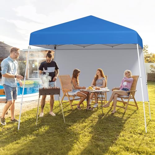 Tangkula 10x10 FT Pop Up Canopy with Sidewall, UPF 50+ Easy Setup Outdoor Tent with Backpack, 4 Stakes, Portable Heavy-Duty Canopy Tent for Party Events Camping Picnic, 10x10 Base, 8x8 Top - color: Blue, size: 10x10 Ft