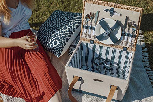 Picnic TIME Boardwalk Picnic Basket, Romantic Vintage English-Style Wooden Basket, Complete Deluxe Service for Four with Durable Canvas and Handwoven Lid - color: Beige Canvas With Navy Blue Accents for 2