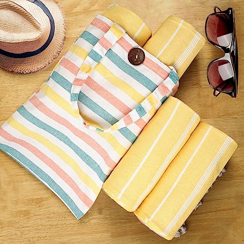 HILLFAIR Cotton Turkish Beach Towels, Quick Dry Lightweight Sand Free Peshtemal Towel for Bath Swim Yoga Spa Travel, Beach Accessories, Oversized Cotton Turkish Towels (39 x 72 inch- 4 Pack Yellow) - color: Yellow, size: 39 x 72 inch ( Beach towel - 4 PAC
