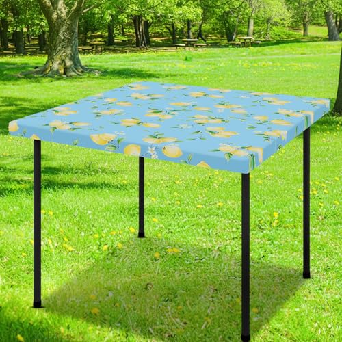 Smiry Square Table Cloth Cover, Waterproof Elastic Fitted Picnic Tablecloth, Wipeable Flannel Backed Vinyl Tablecloths for Camping, Dining, Outdoor (Blue & Yellow, 36" x 36") - color: Blue & Yellow, size: 36" x 36" (Square)