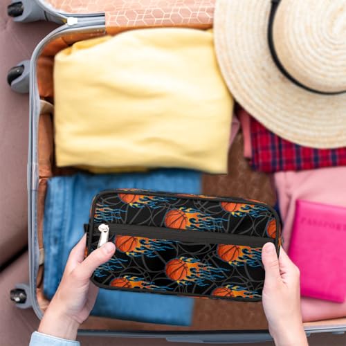 Kids Travel Toiletry Bag - Fire Basketball Waterproof Hanging Cosmetic Hygiene Bags for Boys Men - Large Shave Kit for Toiletries Accessories Bathroom Stuff - color: Fire Basketball