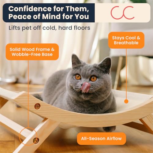 CallieCo Wooden Cat Hammock Bed, Modern Elevated Pet Lounger with Premium Wooden Frame & Breathable Fabric, Stylish Indoor & Outdoor Cat Bed for Cats & Small Dogs - Ivory - color: Ivory
