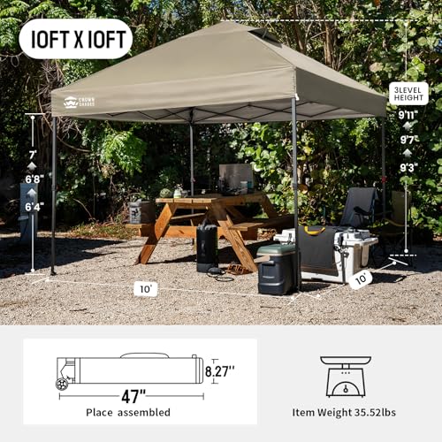 CROWN SHADES 10x10 Pop Up Canopy Tent - Patented Center Lock One Push Instant Outdoor Canopy Beach Tent with STO-N-Go Bag 8 Stakes & 4 Sand Bags，Khaki - style: Khaki