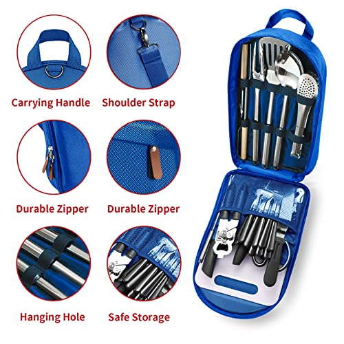 Portable Camping Kitchen Utensil Set-27 Piece Cookware Kit, Stainless Steel Outdoor Cooking and Grilling Utensil Organizer Travel Set Perfect for Travel, Picnics, RVs, Camping, BBQs, Parties and More - color: bule