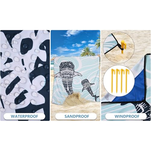 HIHOHO Beach Blanket Waterproof Sandproof Beach Mat 79”x 83” for 1-8 Adults Quick Drying Durable Outdoor Picnic Mat for Beach Festival Travel Camping Hiking (Whale, 79"×83"(4 Person)) - color: Bl-whale, size: 6'11" x 6'7"