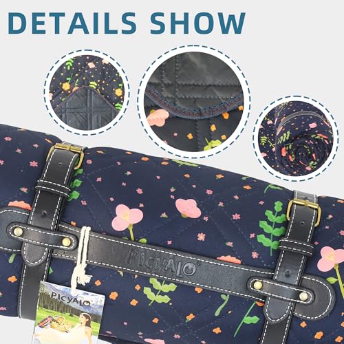 60x80” Double Thickened Picnic Blankets(150g High Density Cotton Stuffed) Navy Blue Floral Pattern Outdoor Picnic Mat Portable Picnic Blanket Foldable with Leather Carry Strap Beach Blanket - color: Blue Floral, size: 60"x80"