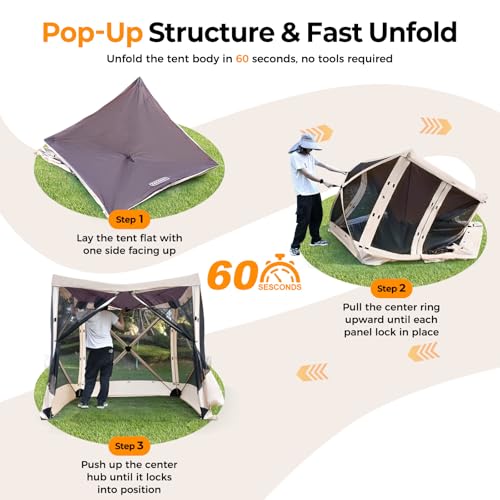 Tecoom 6x6ft Pop Up Gazebo Tent, 4-Sided Canopy Shelter Tent with Mesh Windows for Camping, Portable Large Shade Tents with Siedwalls, Carrying Bag and Stakes for Outdoor, Garden, Lawn, and Backyard - size: 6x6ft