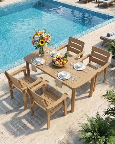 Outdoor Rectangle Dining Table with Rounded Edge, 67" All-Weather HIPS Patio Table for 6, Outdoor Furniture with Umbrella Hole, Ideal for Garden, Poolside, Backyard, Deck, Teak - color: Teak, size: 1 Table