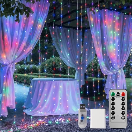 Brightown 300 LED Curtain String Lights, 9.8 FT Hanging Fairy Lights with Remote, 8 Modes, Waterproof Window Lights for Bedroom Backdrop Wedding Outdoor Christmas Decoration, Multicolor - color: Multicolored, size: 300LED
