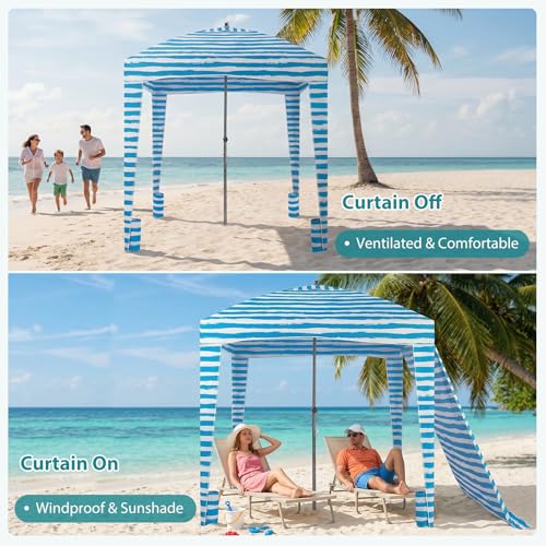 OLIXIS 6'×6' Beach Cabana Tent Sun Shelter – UPF 50+ Easy Setup Cool Canopy Tent Sun Shade with Side Wall, Cool Cabanas Tents, Wind Resistant Beach Cabana for Whole Family - color: Light Blue Stripes, size: 6x6 ft