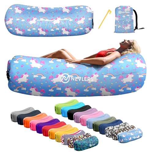 Nevlers Inflatable Lounger – Unicorn | 210T Polyester No-Pump Blow Up Couch Air Lounger | Portable Inflatable Couch for Camping, Beach, Festivals & More | 450 Lbs. Cap Air Chair w/Pockets & Carry Bag - color: Unicorn, size: 1 Pack