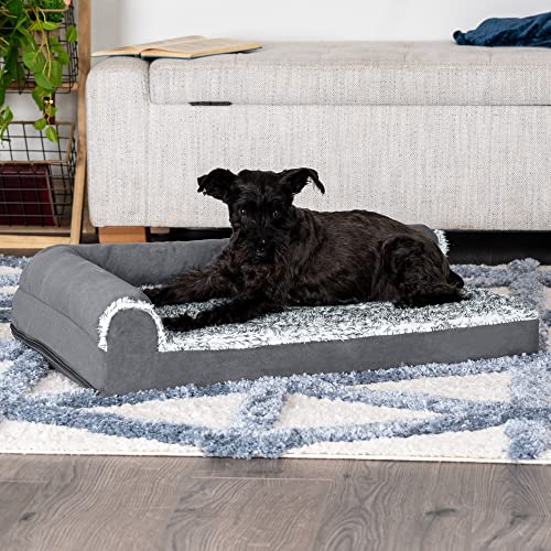 Furhaven Cooling Gel Dog Bed for Medium/Small Dogs w/ Removable Bolsters & Washable Cover, For Dogs Up to 35 lbs - Two-Tone Plush Faux Fur & Suede L Shaped Chaise - Stone Gray, Medium - color: (Two-Tone Faux Fur & Suede) Stone Gray, size: Medium